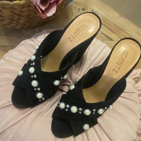 🎀 SCHUTZ Black heels Mules Pearls size 8 shoes - Picture 3 of 10